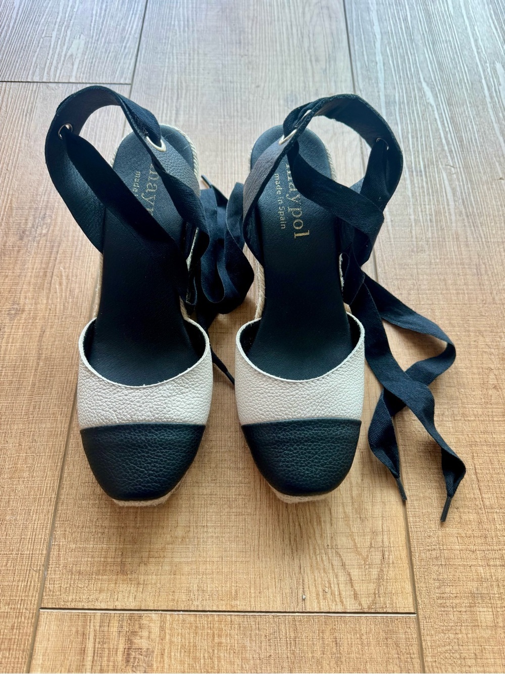 Maypol Espadrille Wedge Sandals EU 39 US 8.5 Black Cream Leather Lace Up Spain